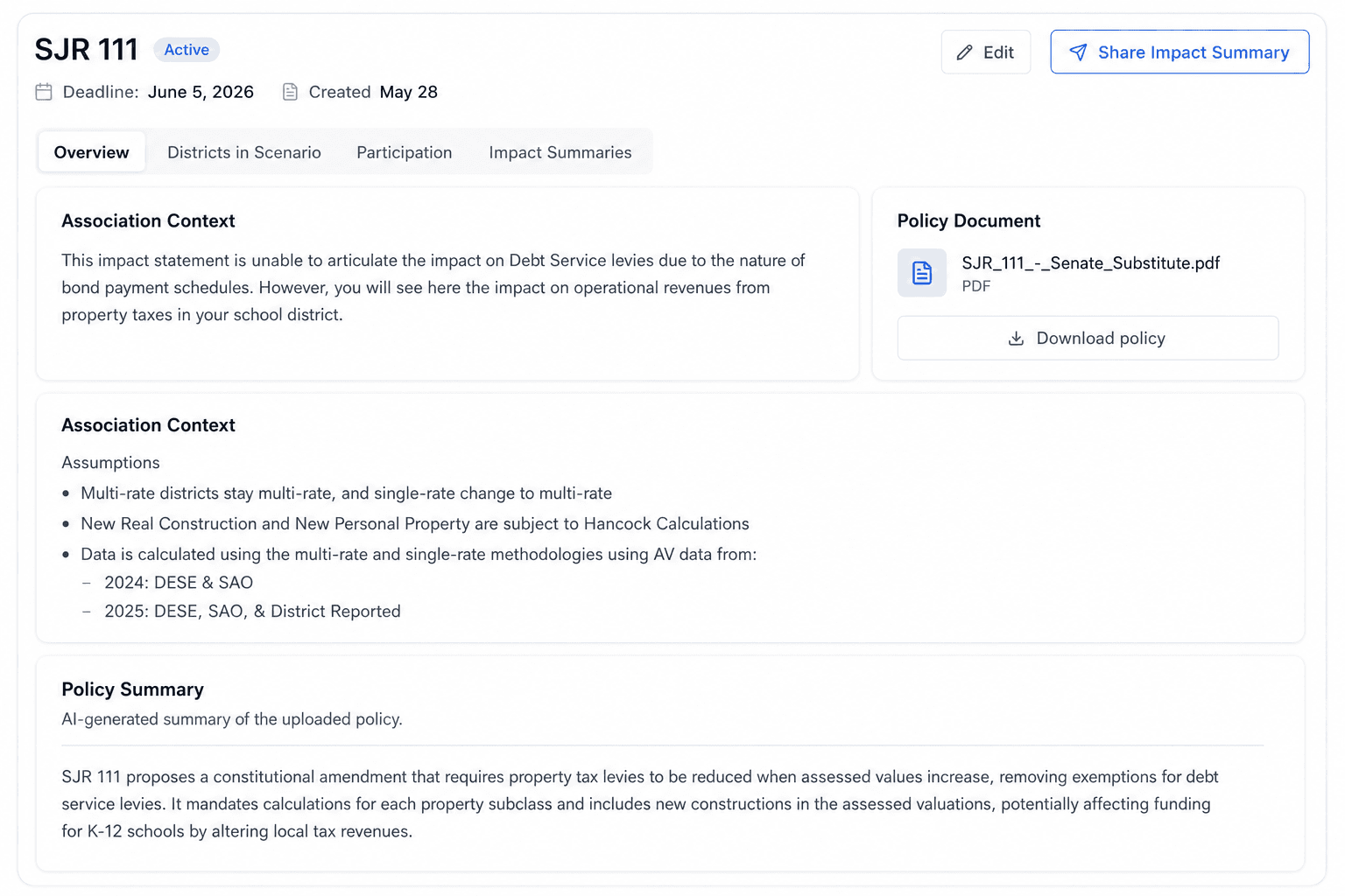 Example scenario detail page showing policy overview, association context, association analysis, and AI-generated policy summary